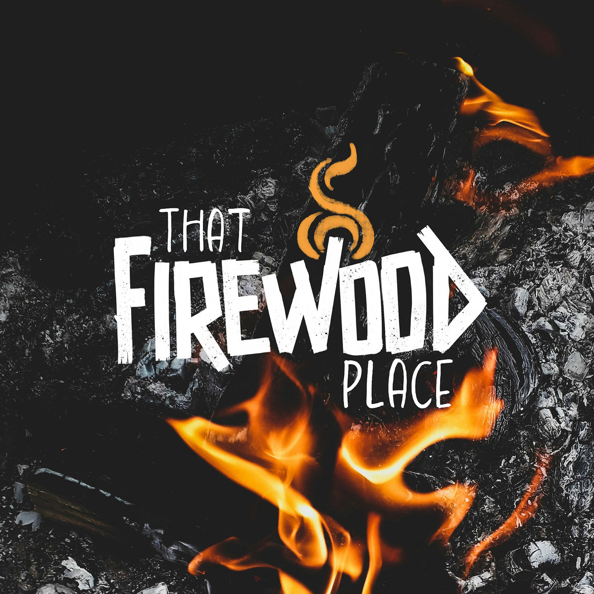 That Firewood Place logo over burning firewood, Indigenous-owned firewood business in Manitoba