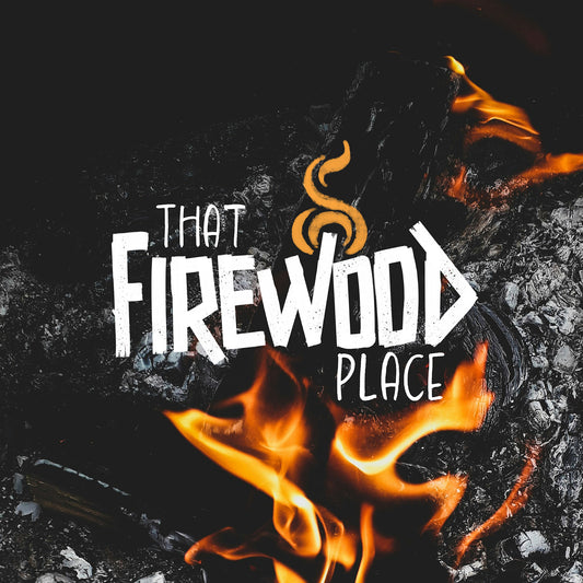 That Firewood Place logo over burning firewood, Indigenous-owned firewood business in Manitoba
